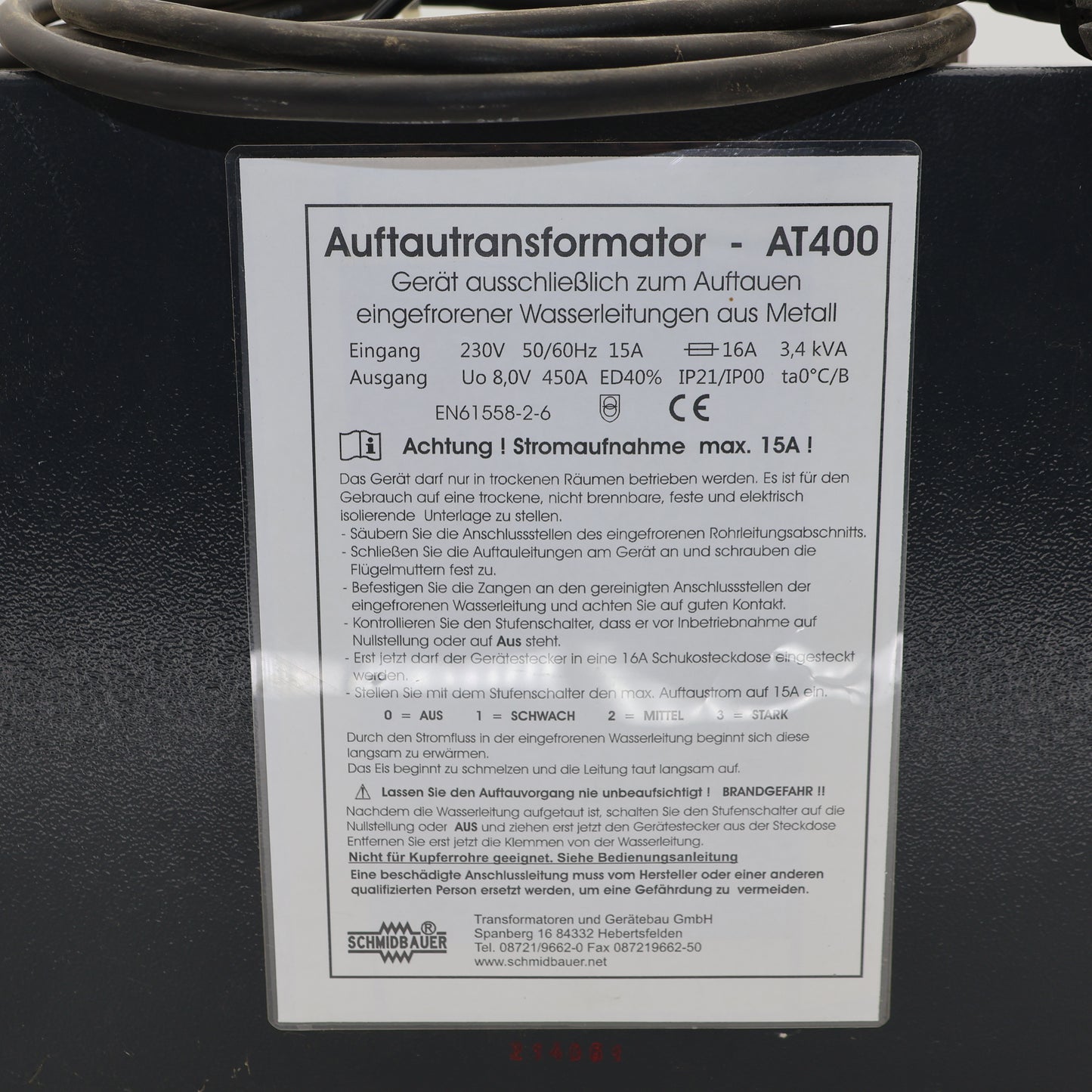 Schmidbauer AT400 Auftautransformator 450A 3-Stufen Auftaugerät Heizung Sanitär